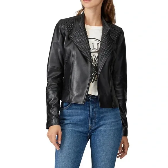 Slate & Willow Embossed Studs Moto Black 100% Leather Jacket Zipper Pockets XS/S - Picture 2 of 16